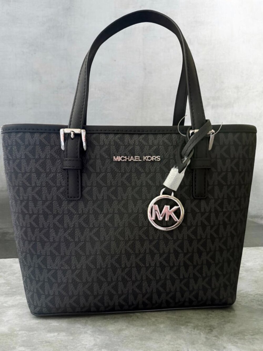 MICHAEL Michael Kors Extra Small Jet Set Travel Top-Zip Tote Black Silver NWT